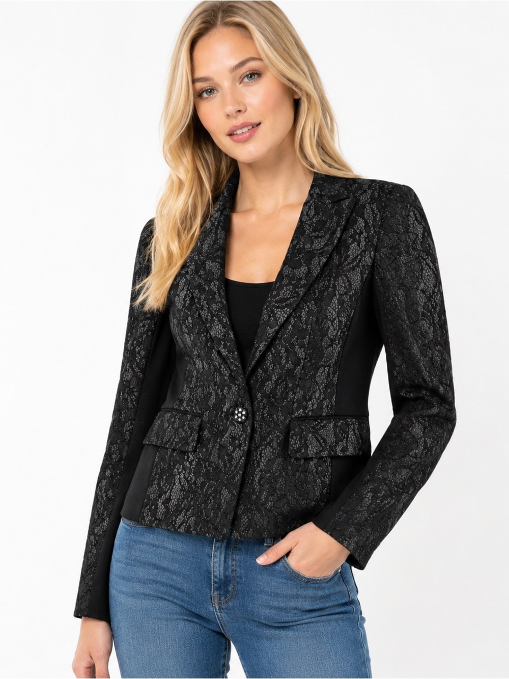 Chico's Lace Jacket Blazer Moto Bonded Black Office Party Womens 1 / Small